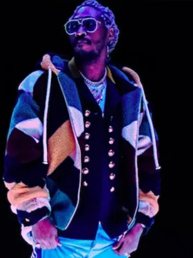 A close-up of a high-quality sherpa fleece jacket featuring a vibrant geometric patchwork pattern and a cozy hooded design.