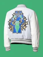 Front view of a premium bomber jacket with rib-knitted collar and striped cuffs on a green background.