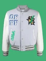 A high-quality fleece varsity-style jacket featuring custom graphic patches and a snap-tab front closure.