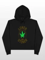 Front view of the casual Loner Stoner black hoodie with white text from TV Jackets.