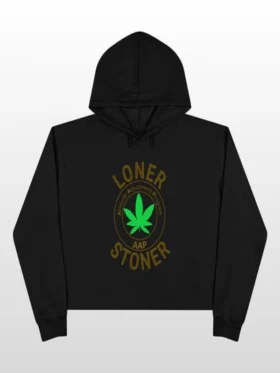 Front view of the casual Loner Stoner black hoodie with white text from TV Jackets.