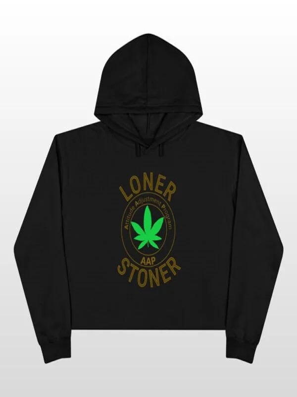 Front view of the casual Loner Stoner black hoodie with white text from TV Jackets.