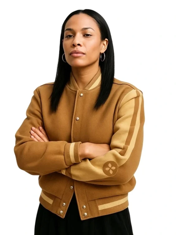 Louis Vuitton Dawn Staley Brown Bomber Jacket Confident Black Woman in Stylish Louis Vuitton Bomber Jacket on White Background