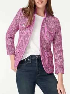 Mandy Baxter tweed blazer from Last Man Standing Season 9. This pink womens tweed blazer features a classic checked tweed jacket style with gold buttons.