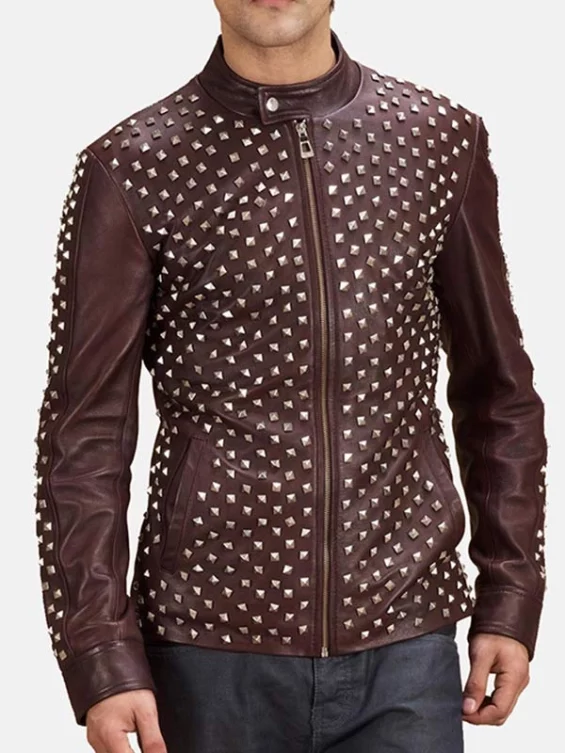 Men’s Biker Style Studded Brown Leather Jacket