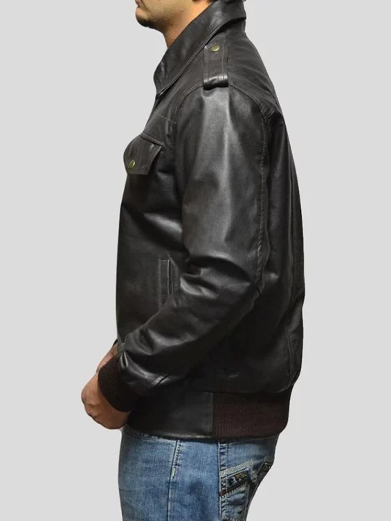 Mens Casual Black Leather Bomber Jacket