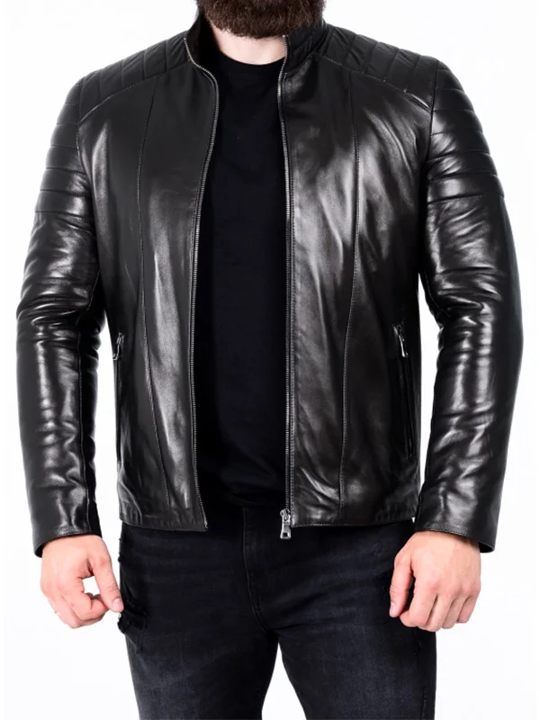 Men’s Black Padded Leather Biker Jacket