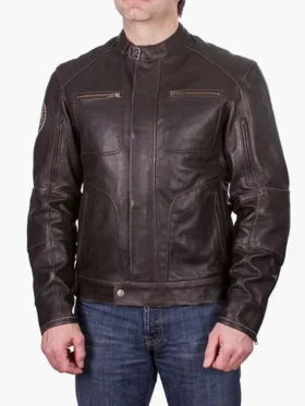 Front view of a premium dark brown leather biker rocker jacket featuring a belted collar and a rugged, vintage finish.