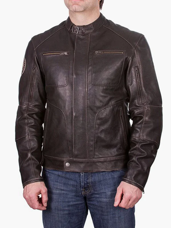 Mens-Brown-Leather-Biker-Rocker-Jacket Front view of a premium dark brown leather biker rocker jacket featuring a belted collar and a rugged, vintage finish.