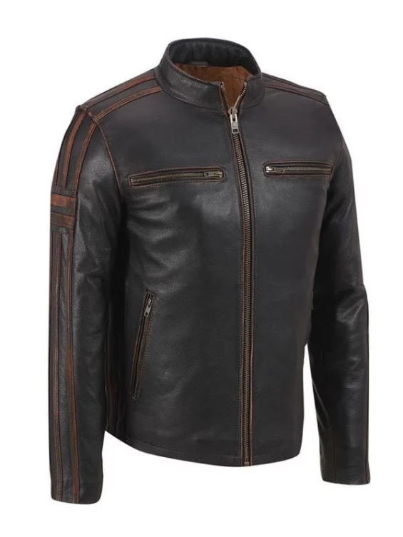 Men’s Brown Stripe Café Racer Leather Jacket