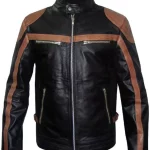 Men’s Brown Stripes Leather Moto Biker Jacket Image