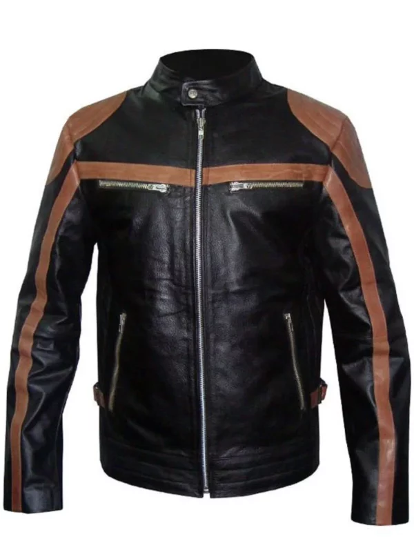 Men’s Brown Stripes Leather Moto Biker Jacket
