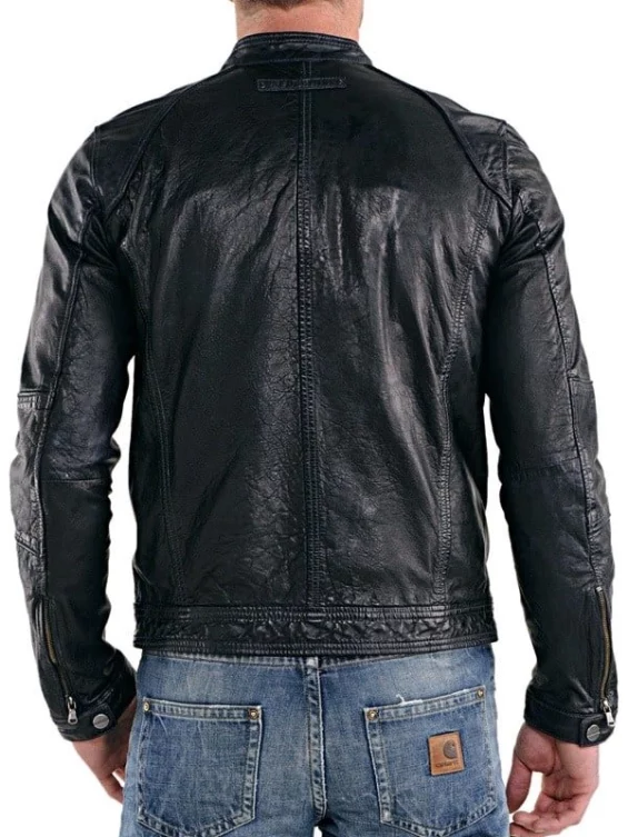 Mens Real Sheepskin Leather Cafe Racer Biker Jacket Black