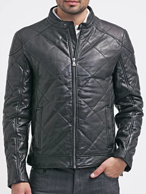 Mens Diamond Quilted Real Sheepskin Leather Jacket Black