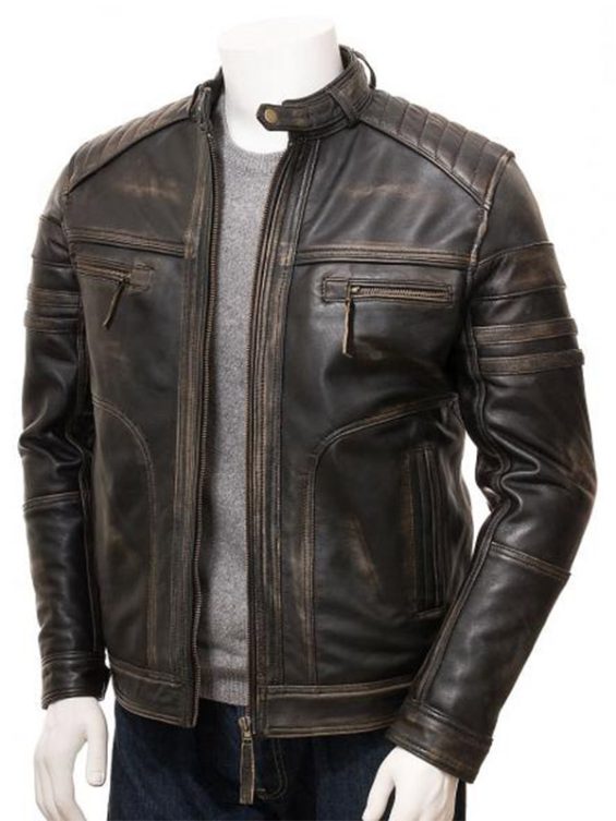Men's Distressed Brown Leather Biker Jacket