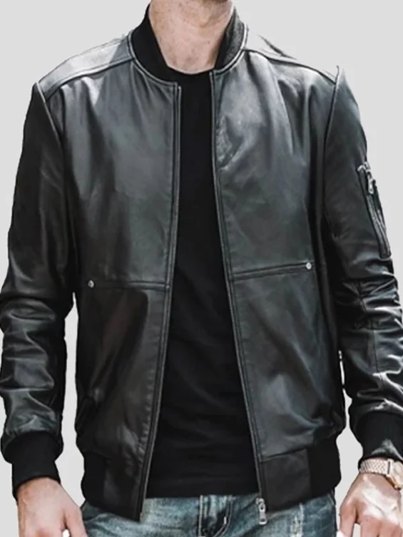 Mens Plain Black Bomber Leather Jacket