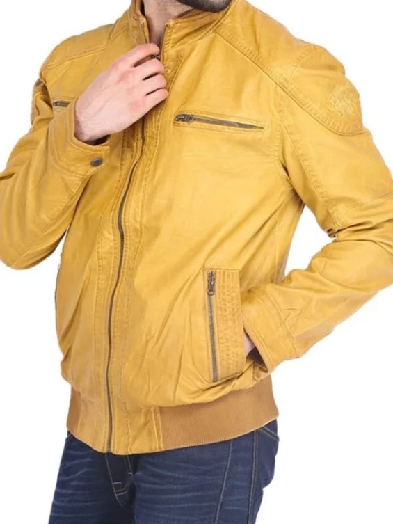 Mens Quilted Yellow Leather Jacket