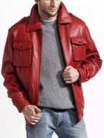 Mens Red Leather Bomber Jacket