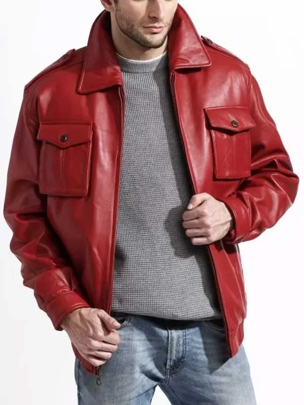 Mens Red Leather Bomber Jacket