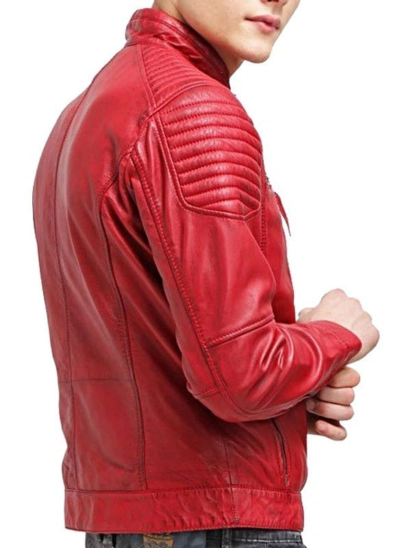 Mens Waxed Sheepskin Quilted Leather Biker Jacket Red