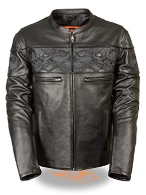 Mens Reflective Skulls Biker Leather Jacket