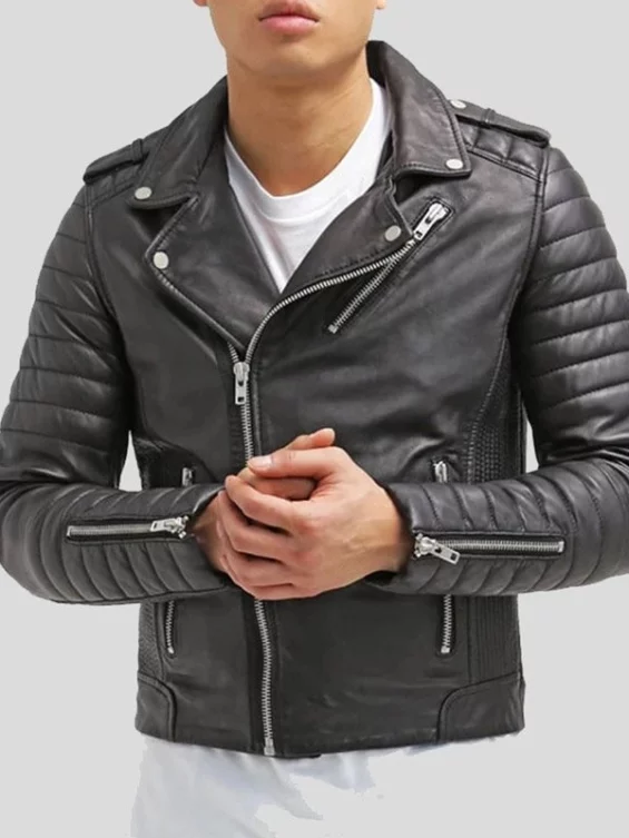 Men’s Black Leather Quilted Biker Jacket