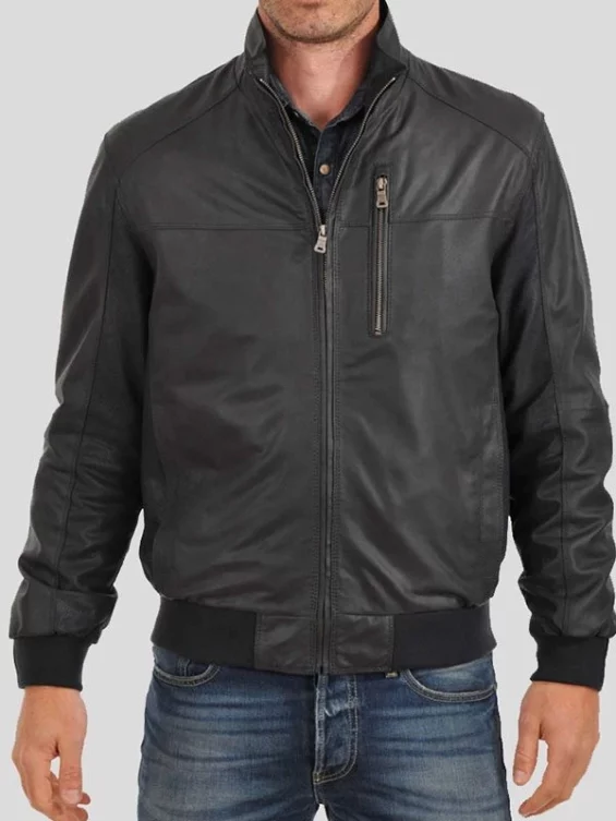Mens Standing Collar Leather Bomber Jacket
