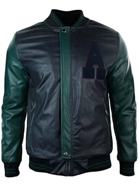 Mens Synthetic Leather Baseball Jacket Black