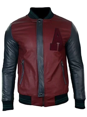 Mens Synthetic Leather Baseball Jacket Maroon