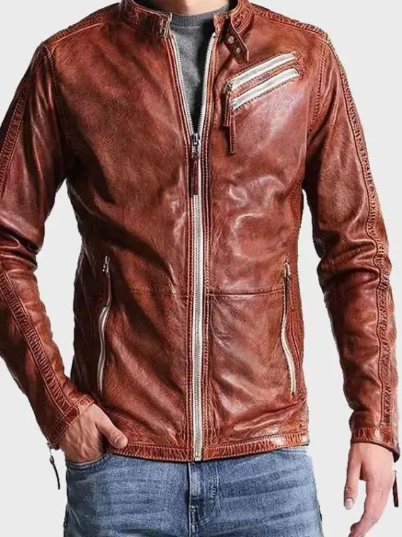 Mens Vintage Leather Distressed Biker Jacket