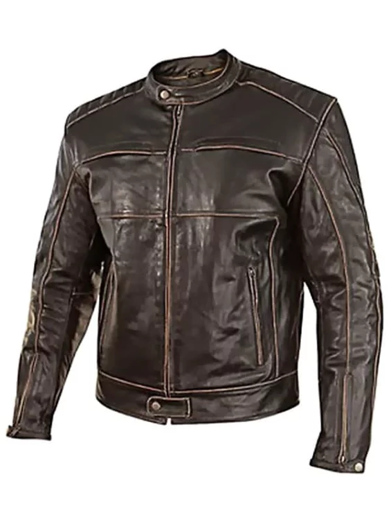 Mens Vintage Style Cowhide Leather Biker Jacket Dark Brown