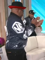 New Edition Legacy Tour black bomber jacket highlighting ribbed cuffs, smooth fabric texture, and classic fit.