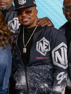 New Edition Legacy Tour Jacket in a deep black colorway highlighting the detailed back-panel artwork and tour dates.