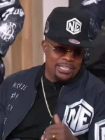 New Edition Legacy Tour bomber jacket with ribbed cuffs, front zipper closure, and smooth cotton polyester fabric.