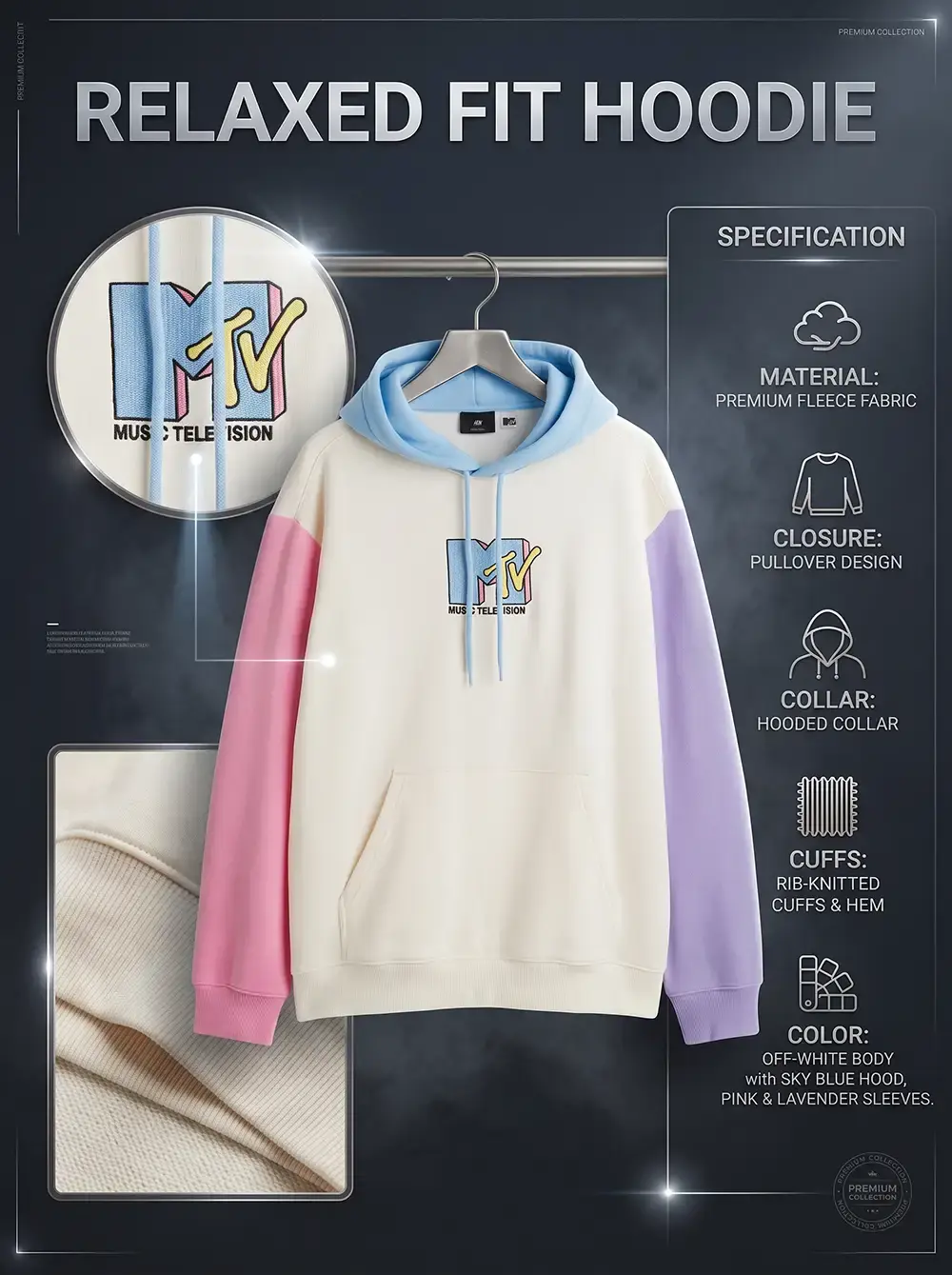 An infographic highlighting the pastel colorblock design, embroidered logo, and material details of an MTV Relaxed Fit Hoodie.