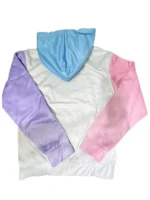 Flat lay rear view of a white fleece pullover featuring an attached light blue hood, a pink sleeve, and a purple sleeve.