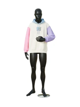 Full body view of a black mannequin wearing a multi-colored pastel hoodie with an off-white torso, a blue hood, a pink sleeve, and a purple sleeve.