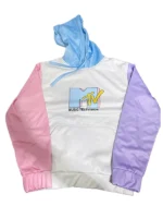 Flat lay front view of a white pullover hoodie with a blue hood, a kangaroo pocket, a pink sleeve, a purple sleeve, and a retro musical network block logo on the chest.