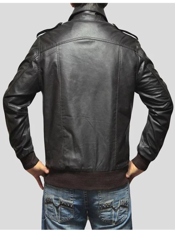 Mens Casual Black Leather Bomber Jacket
