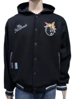 Front view of The Hundreds Black Letterman Jacket featuring premium wool body and leather sleeves.