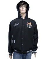 Close-up of the premium heavyweight wool and reinforced double-needle stitching on the letterman jacket.