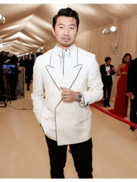 Simu Liu Met Gala 2021 White Double-Breasted Fendi Coat with Black Trim