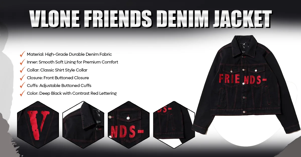 Technical infographic of the iconic VLONE Friends Denim Jacket.