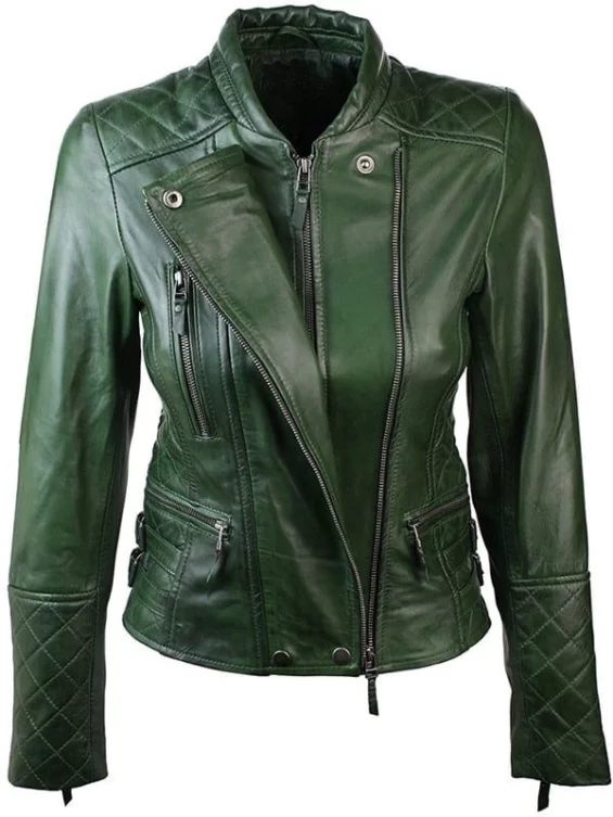 Womens Slim FIt Diamond Quilted Leather Biker Jacket Green
