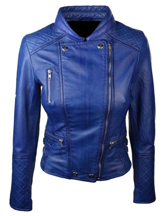 Womens Slim Fit Diamond Quilted Leather Biker Jacket Blue
