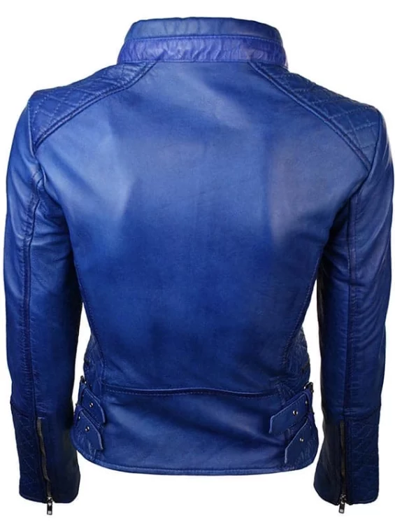 Womens Slim Fit Diamond Quilted Leather Biker Jacket Blue
