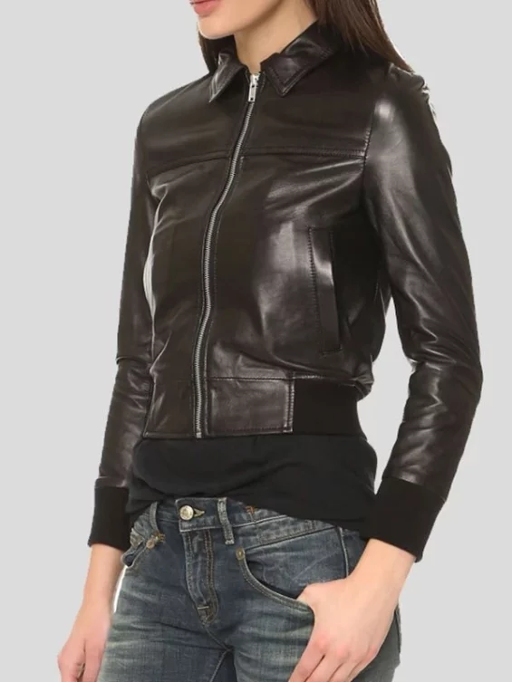 Womens Black Leather Bomber Jacket