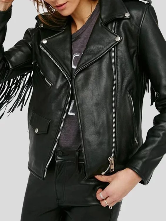 Womens Black Leather Fringe Jacket