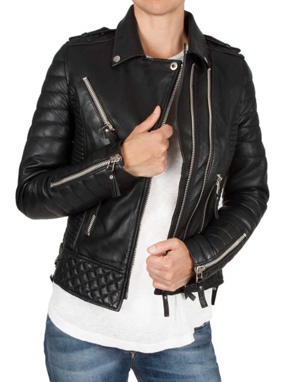 Womens Boda Style Quilted Leather Biker Jacket Black