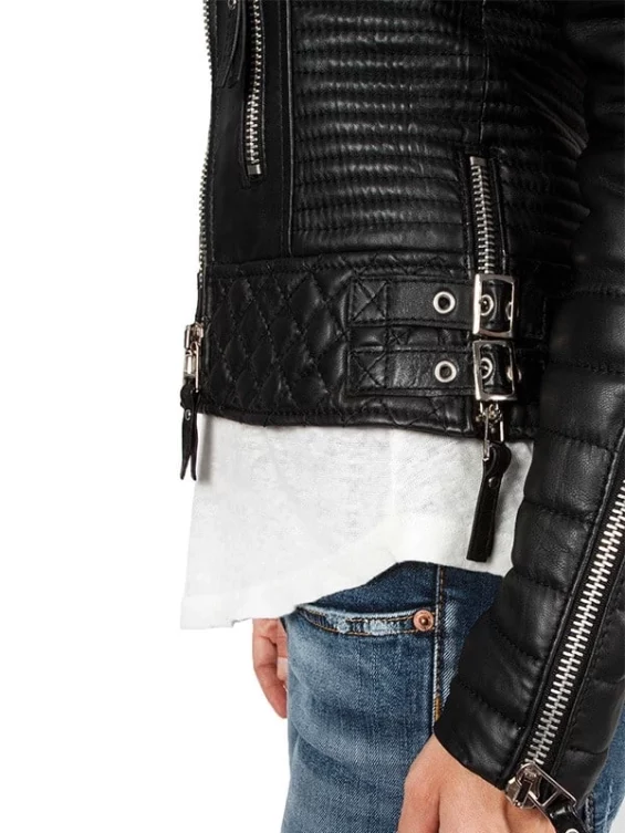 Womens Boda Style Quilted Leather Biker Jacket Black